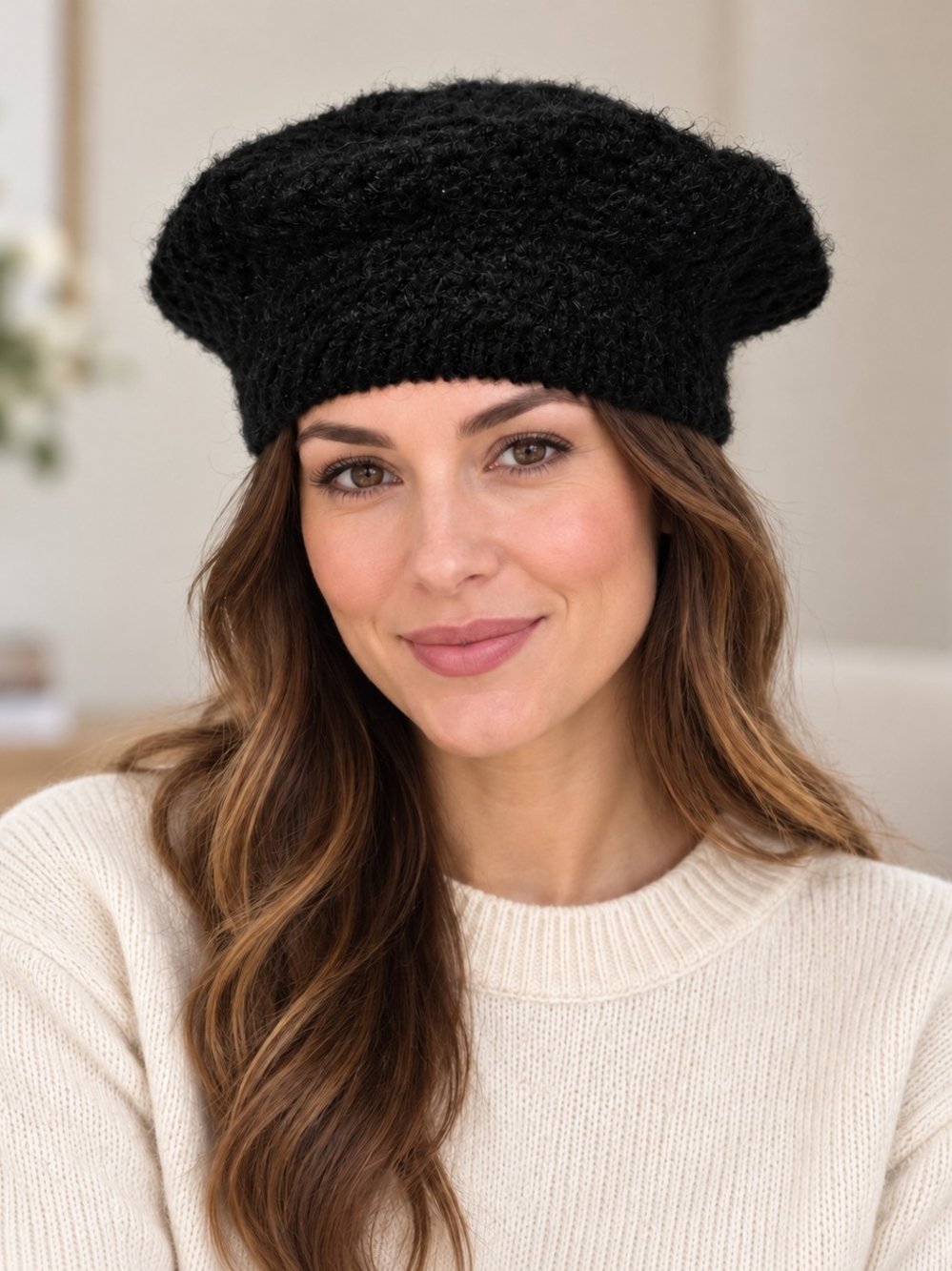 Lauren Ralph Lauren Women’s Black Chunky Knit Beret Slouchy Winter Hat